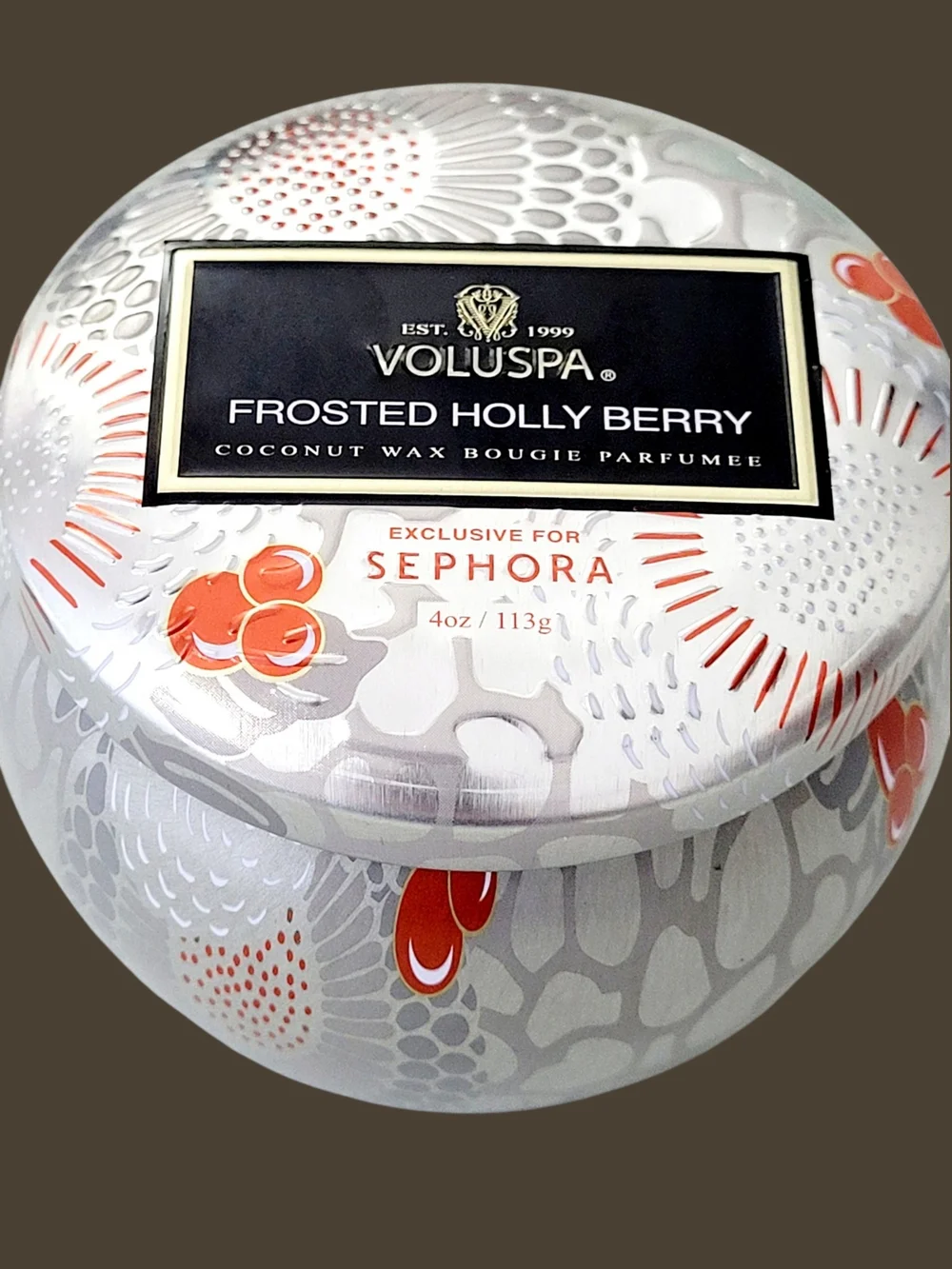 NEW VOLUSPA Frosted Holly Berry  Sephora Exclusive One Wick Scented Candle Tin